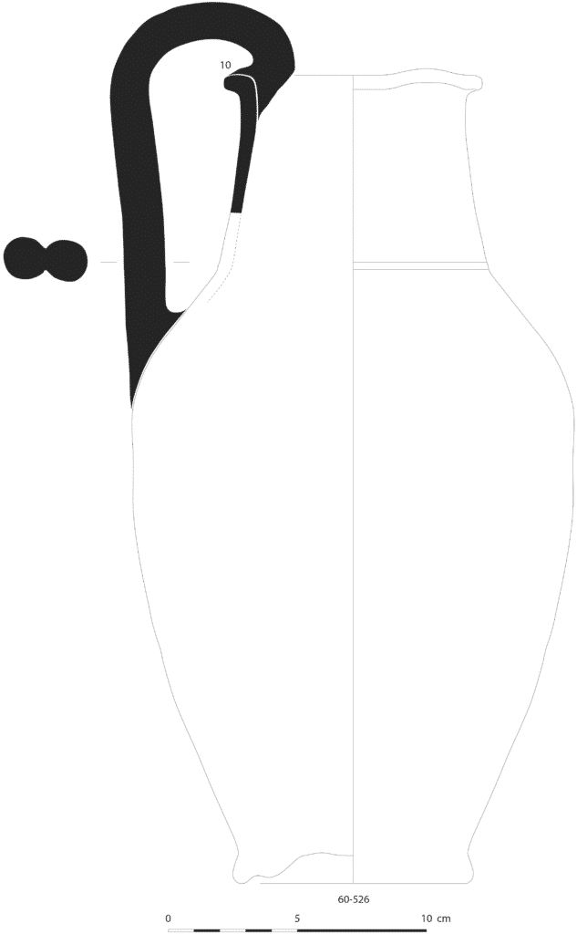 Nom gaulois eśkínge en écriture ibérique levantine incisé à la pointe sèche sur la panse d’une cruche en céramique à pâte claire récente 1a (Dicocer ; DAO : A. Dumas) (inv. 60.526 ; MLH, II, B.01.268 ; BDH, HER.02.268). Ici dessin