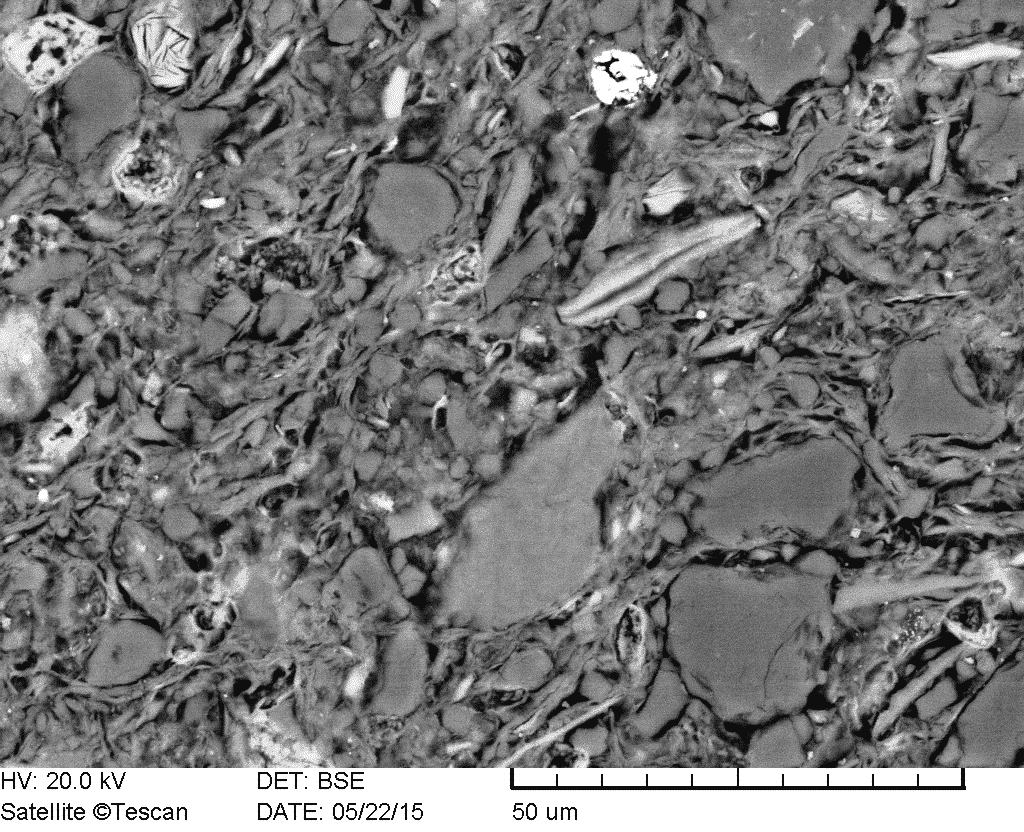 Microtexture of fired field sample of coastal soil consisting mainly of resedimented flysch material from the south of Koper, Northwest (Gray) Istria (Electron microscopic image, field sample IST-68).