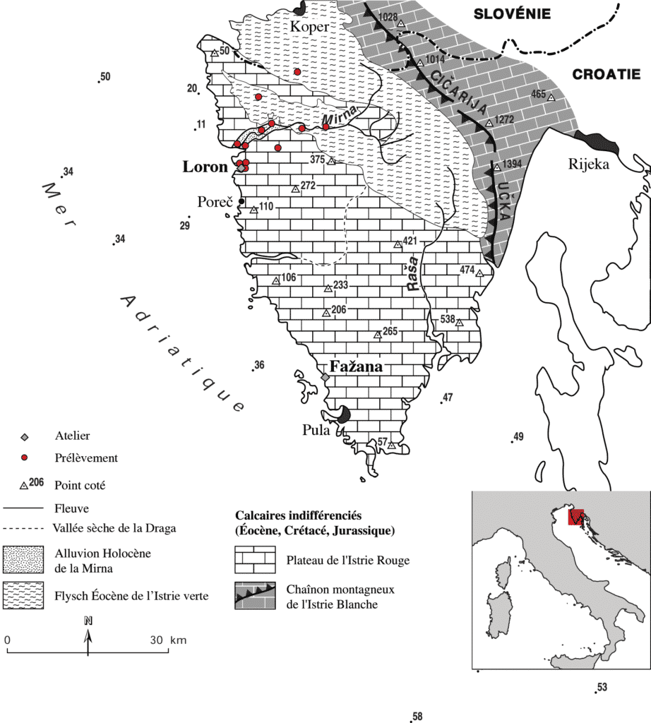Carte morphostructurale simplifiée de l’Istrie (d’après Fouache 2001, 13) où sont figurés la localisation des ateliers de Loron et Fažana et les points de prélèvement d’échantillons de sédiments.