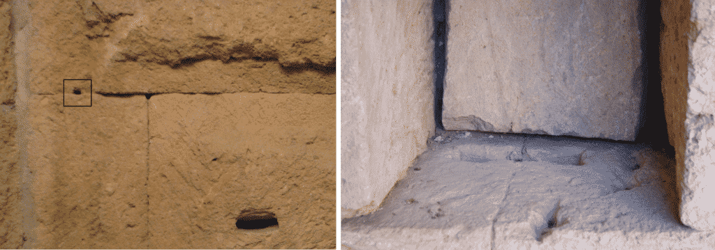 a. Traccia in negativo di leve impiegate per la sistemazione definitiva dei blocchi (Museu Diocesà de Tarragona); b. impronta in negativo di grappa a doppia coda di rondine (COAC).