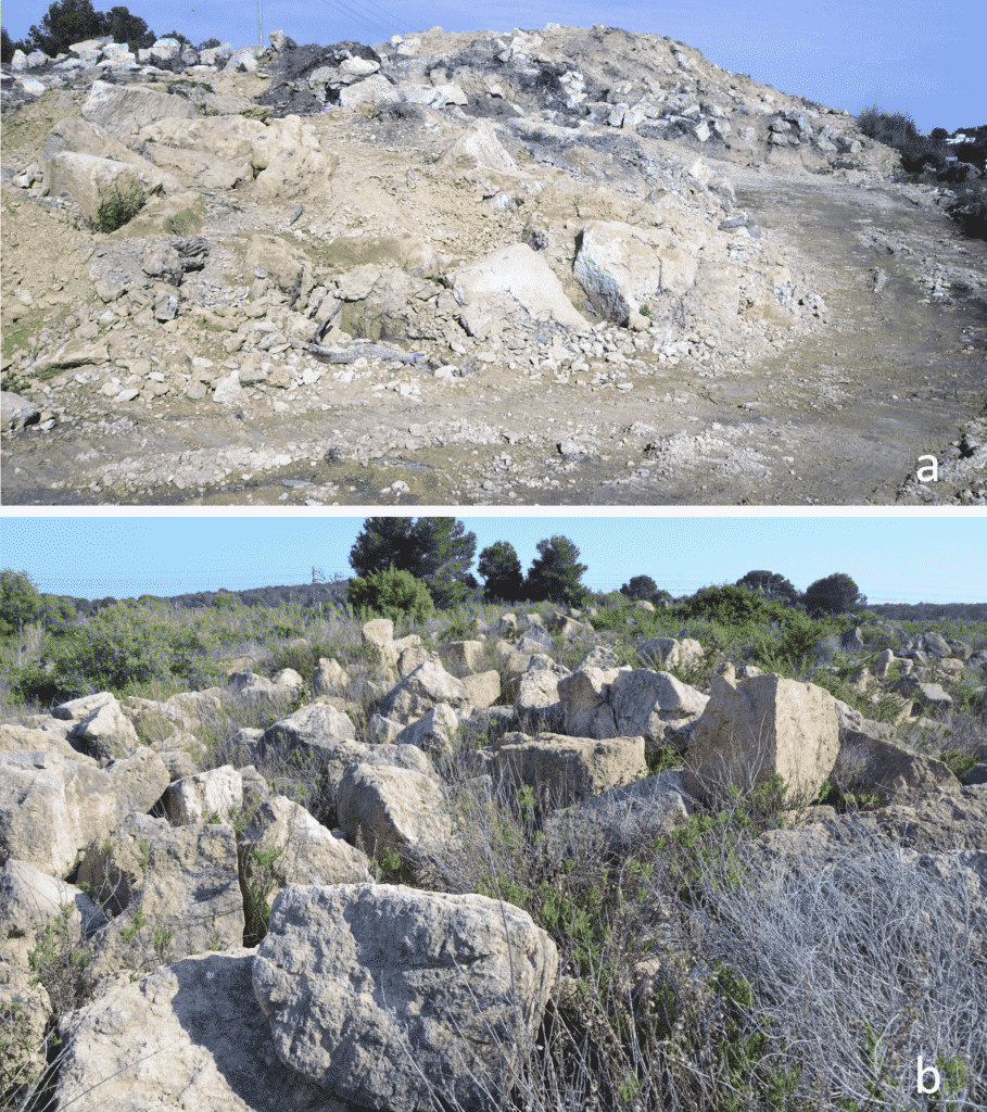 Cava di El Mèdol; a. deposito di blocchi durante gli scavi archeologici condotti tra il 2008 e il 2009; b. situazione attuale di parte dei blocchi.
