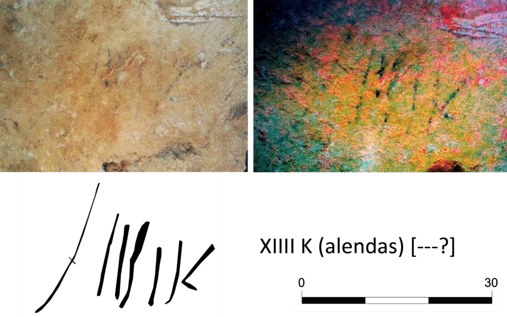 Iscrizione tracciata a carbone dalla cava di El Mèdol con riferimento alle Kalendae.