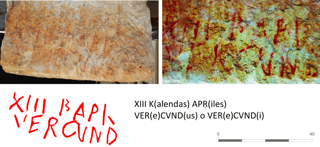 Iscrizione dipinta facente riferimento nella prima linea a una data calendariale e nella seconda al cognomen Verecundus/i.