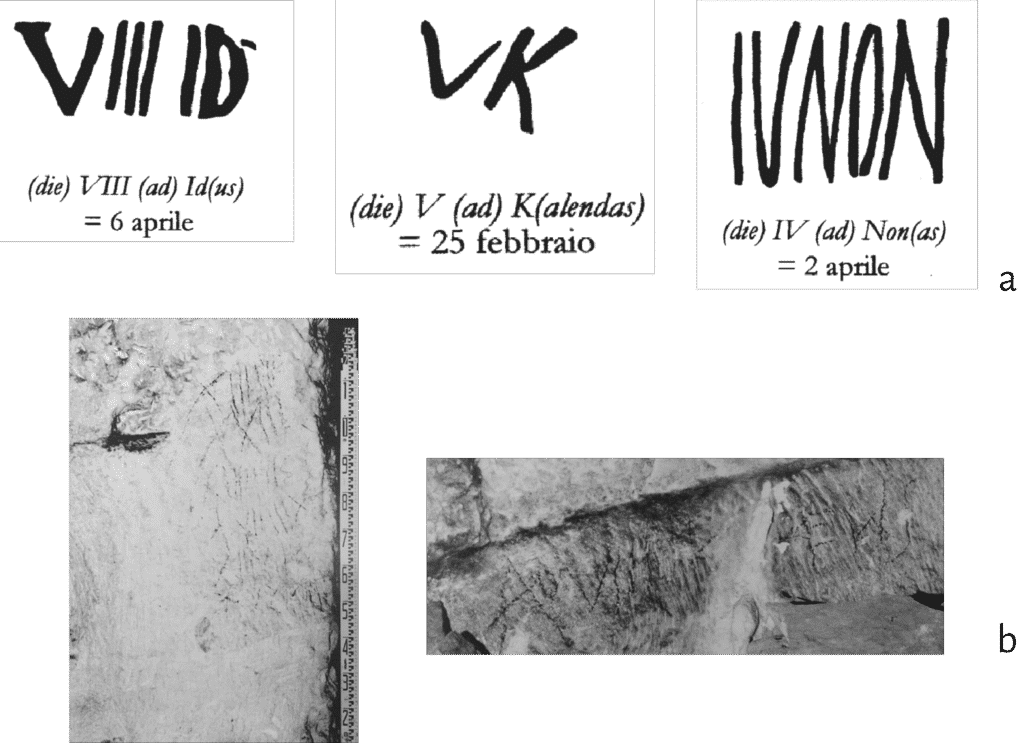 Iscrizioni dipinte dalle Terme di Traiano sul colle Oppio a Roma; b. iscrizioni di cava documentate presso la cava romana del Conero.
