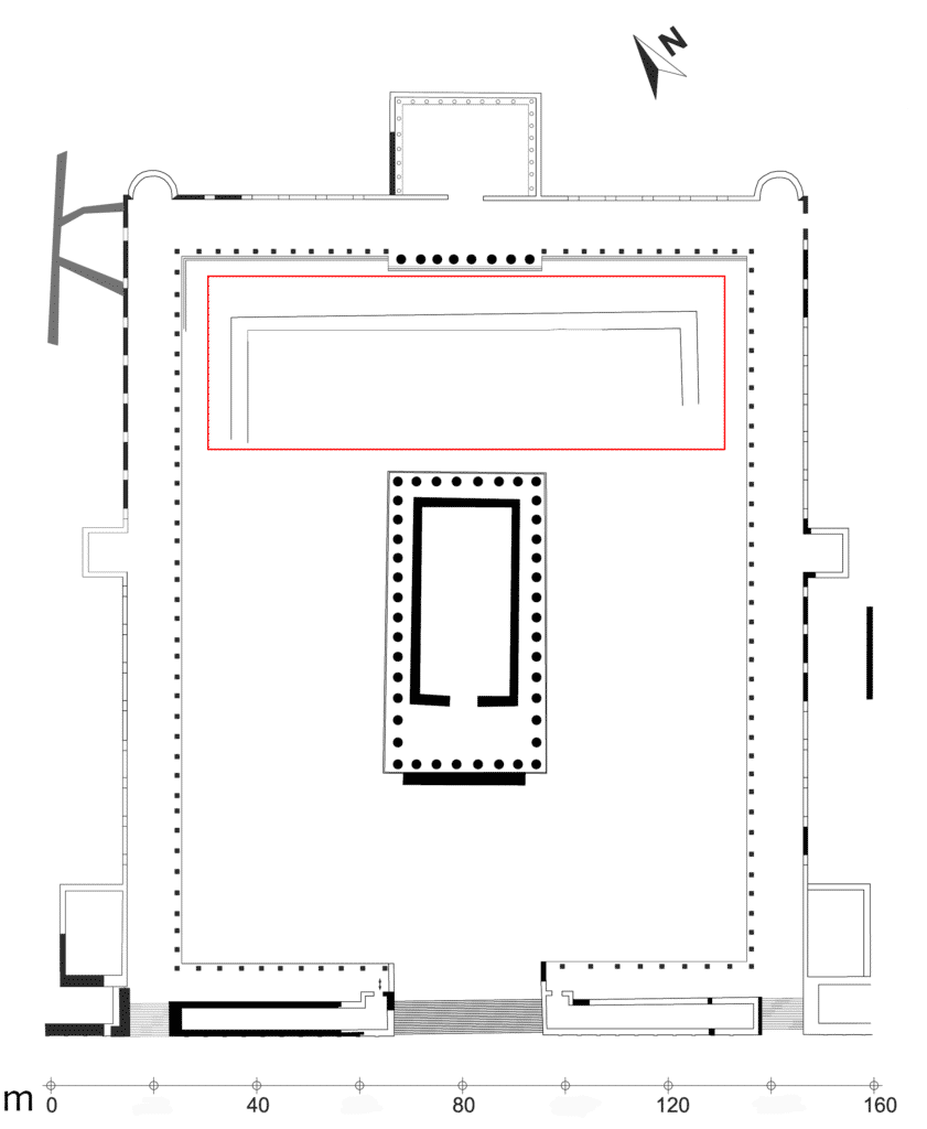 Planimetria ricostruttiva della terrazza superiore con dettaglio della trincea di fondazione appartenente a un primo progetto o a una modifica in corsa d’opera.