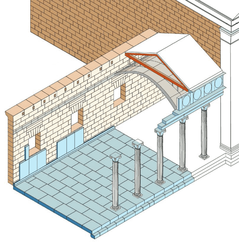 Ricostruzione del portico della terrazza superiore.