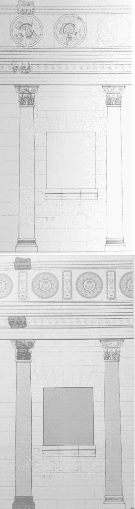 Proposta ricostruttiva dell’attico del portico della terrazza superiore: a. clipei posti al di sopra della colonna ; b. lastre con candelabro poste al di sopra della colonna.