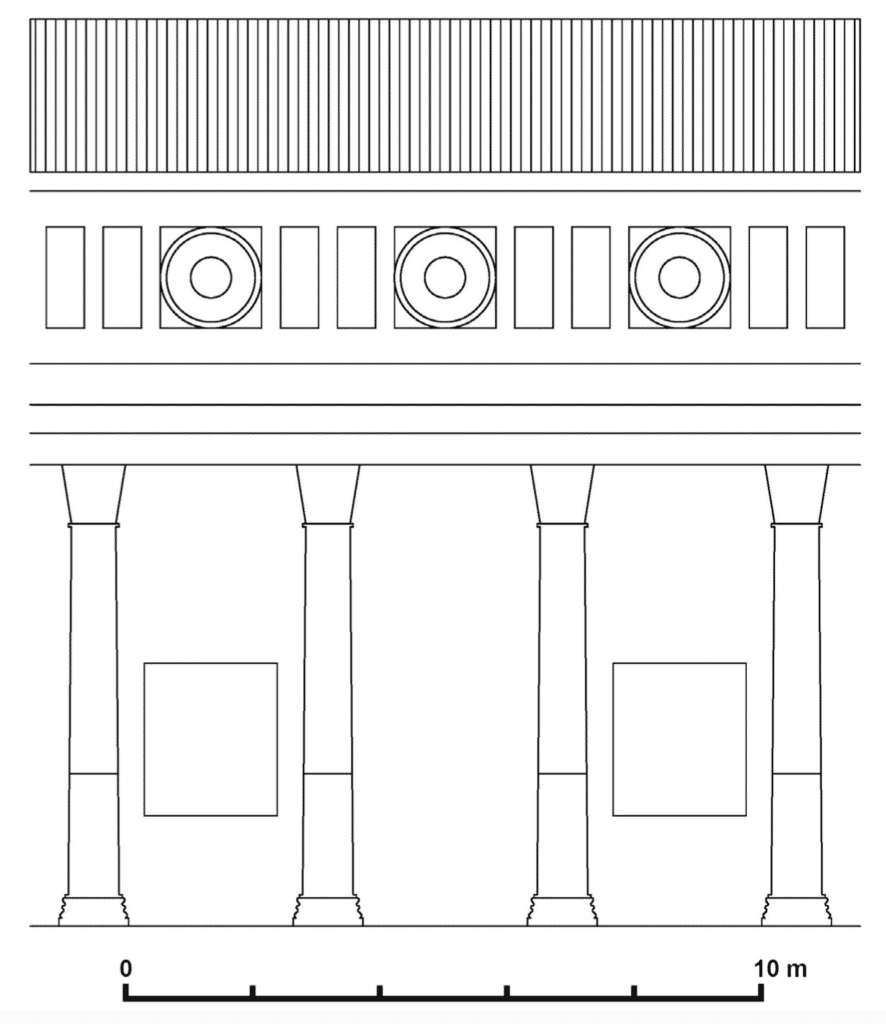 Proposta di ricostruzione della decorazione dell’attico del portico della terrazza superiore elaborata da A. Peña.