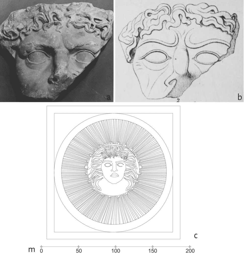 a. Frammento di clipeo con probabile Medusa (Koppel 1990, tav.32c); b. disegno di un frammento di clipeo con Medusa riportato nel manoscritto di L. Pons d’Icart (Pons d’Icart 1572, 179); c. proposta ricostruttiva del clipeo raffigurante Medusa, elaborata dall'autore.