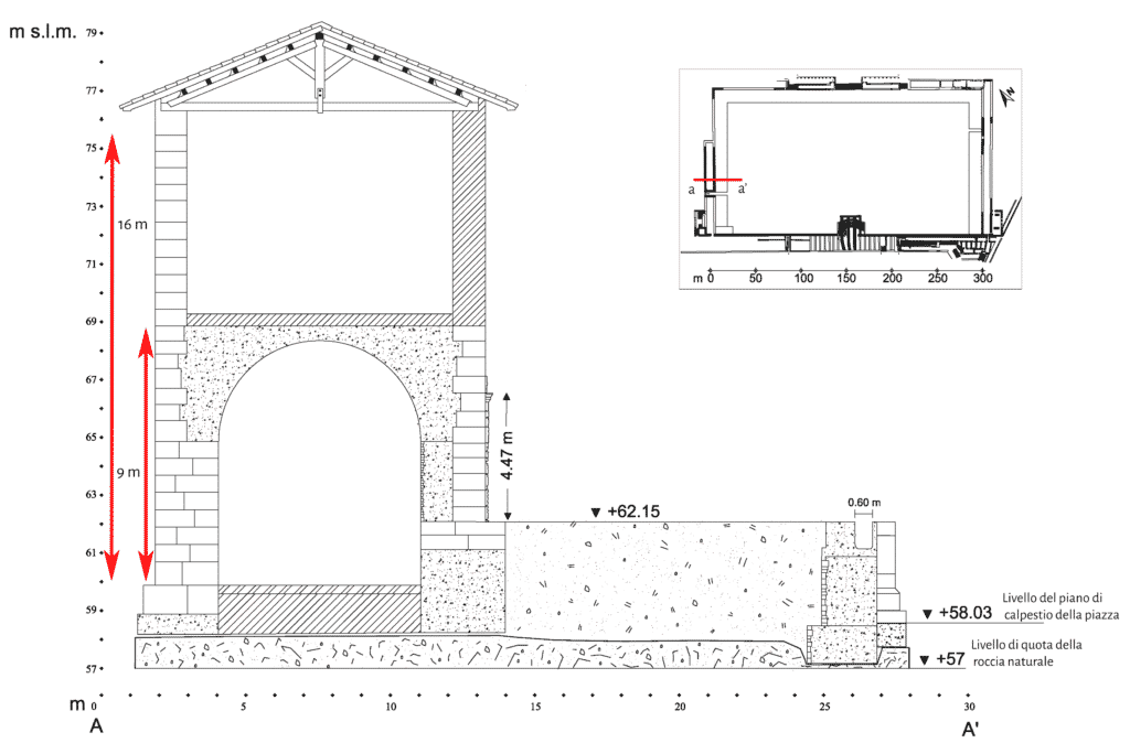 Sezione ricostruttiva del settore sud-ovest della terrazza intermedia con in evidenza i resti che attesterebbero la presenza di un secondo livello di circolazione.