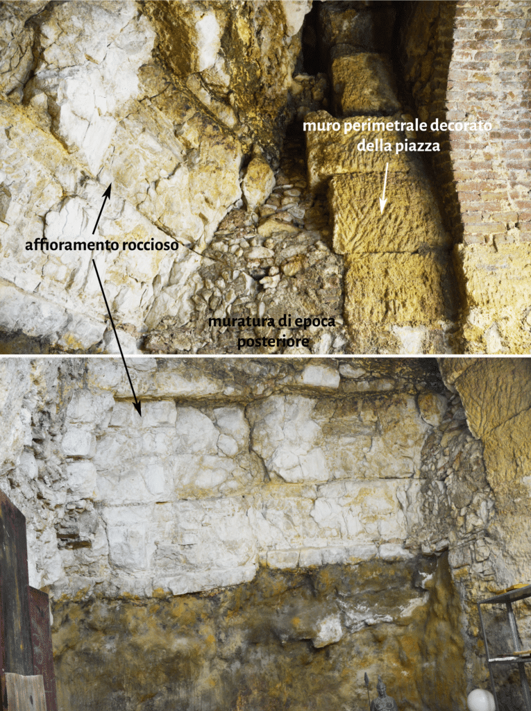 Resti conservati presso il C/Notari Albinyana 17 in cui si apprezza parte dell’affioramento roccioso e, a poca distanza, il muro decorato della piazza.