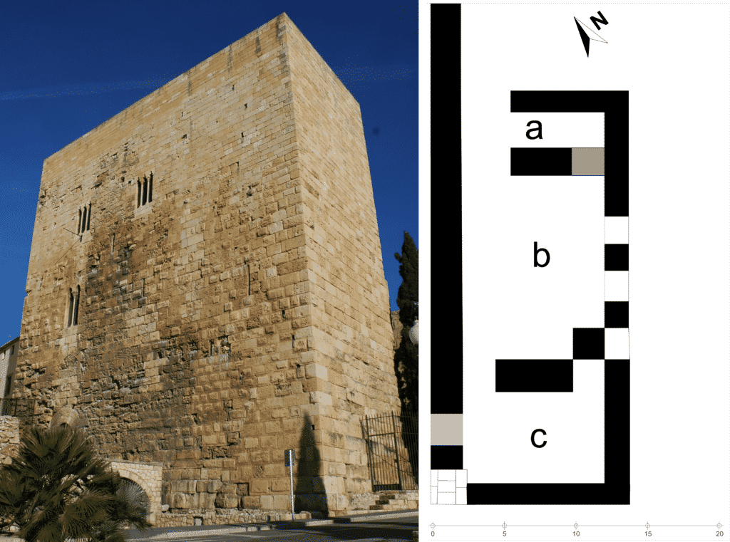 A sinistra la facciata meridionale della Torre del Pretori; a destra la planimetria ricostruttiva della torre.