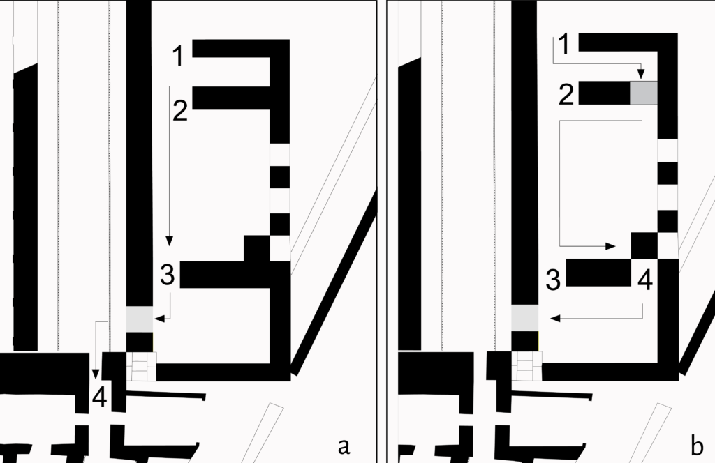 Proposta ricostruttiva dei percorsi di circolazione nella Torre del Pretori (a. livello inferiore; b. livello superiore).