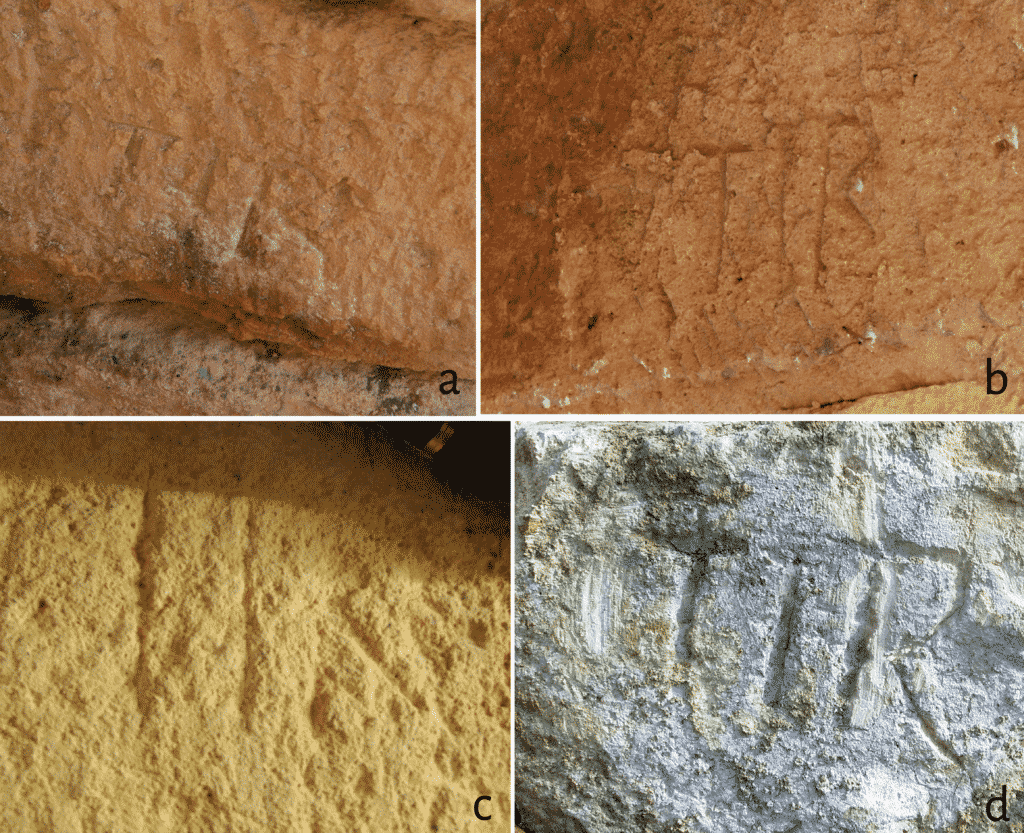 Marchi di cava con sigla TIR attestati presso la Torre del Pretori (a-b-c) e la cava di El Mèdol (c).