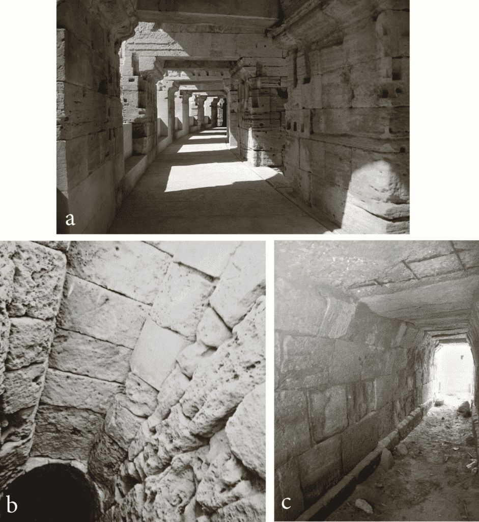 a. Anfiteatro di Arles, ambulacro del livello superiore; b. teatro di Leptis Magna, vomitoria V, fornice 10 ; c. anfiteatro di Leptis Magna, vomitorio I.
