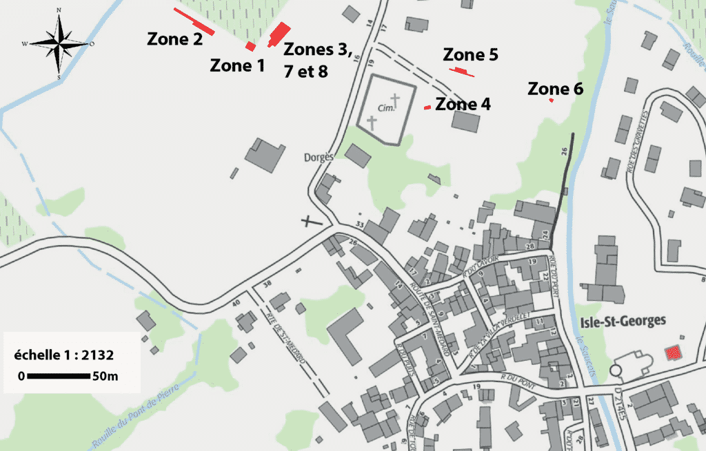 Localisation des zones de fouille (sur fond de carte IGN © géoportail).