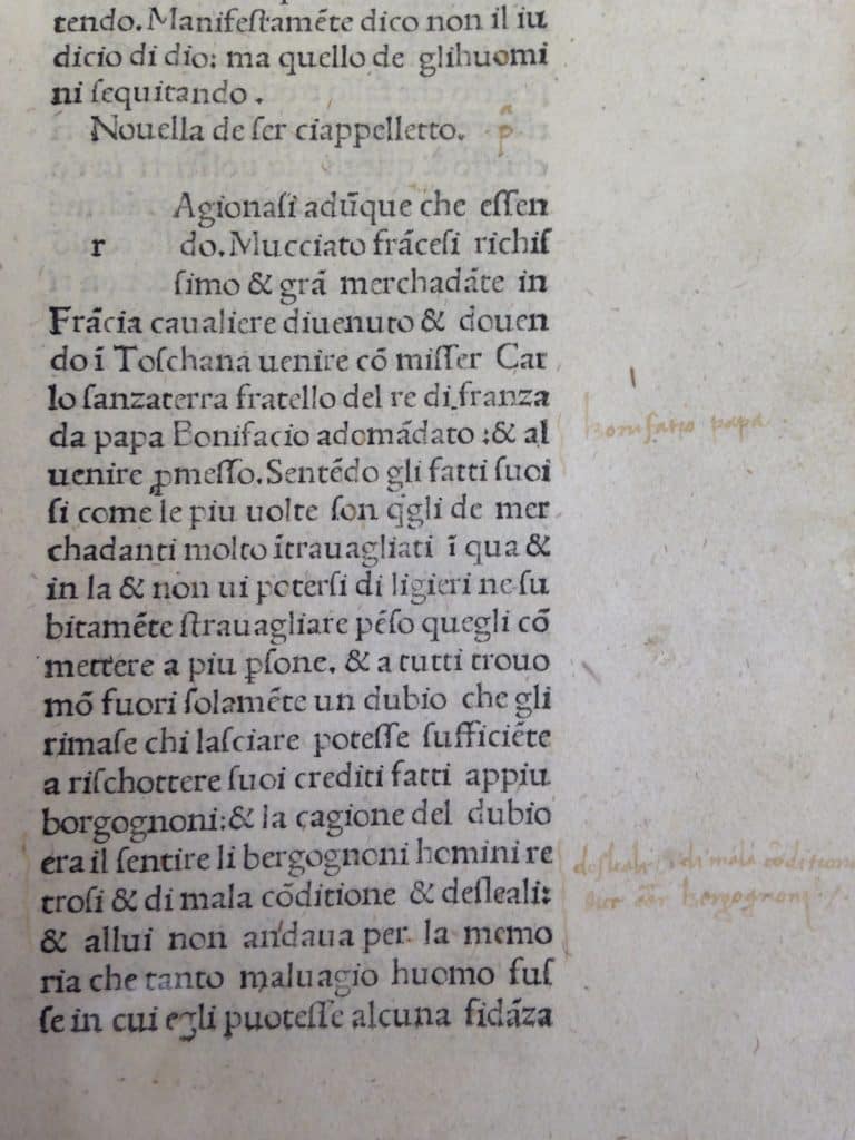 Boccaccio, Giovanni, Il Decamerone, Vicenza, Johannes Renensis, 1478, Beineke Library, cote : 1987 +2, nouvelle I, 1, non paginé.