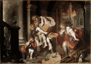 Enée portant sur ses épaules son père Anchise et fuyant le feu de Troie Peinture de Federico Fiori dit il Barocci (1528/35-1612) 1598 Soleil. 179x253 cm Rome, Galleria Borghese