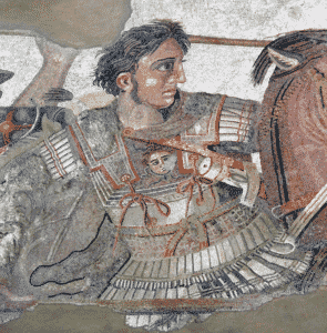Mosaïque de la maison du Faune à Pompéi, Alexandre le Grand, vêtu d’une cuirasse, combattant. 