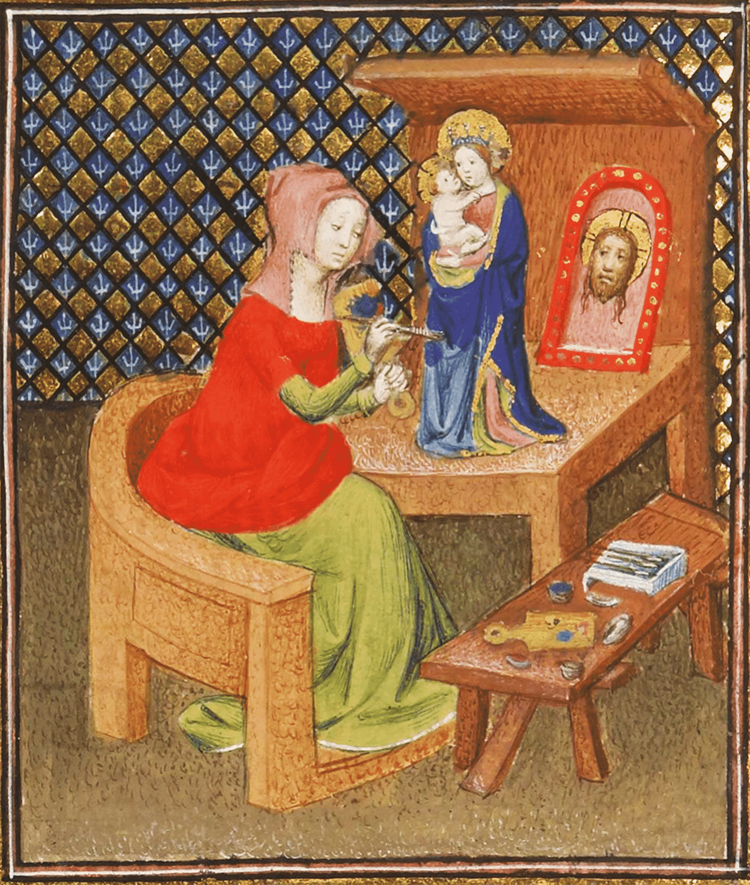 Eyrene peignant une statue de la Vierge à l’Enfant. Enluminure du début du XVe siècle (Boccace, Des cleres et nobles femmes, BNF ms fr. 12420, fol. 92v).