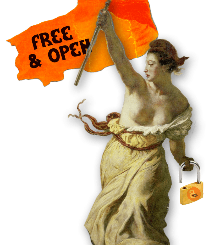 dessin inspiré de La liberté guidant le peuple d'Eugène Delacroix, avec un drapeau contenant les mots Free et Open, et portant un cadenas ouvert.
