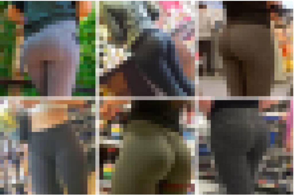 Photographies de victimes floutées de fesses de femme prise contre leur consentement.