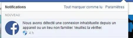 Notification Facebook de tentation de connexion inhabituelle.