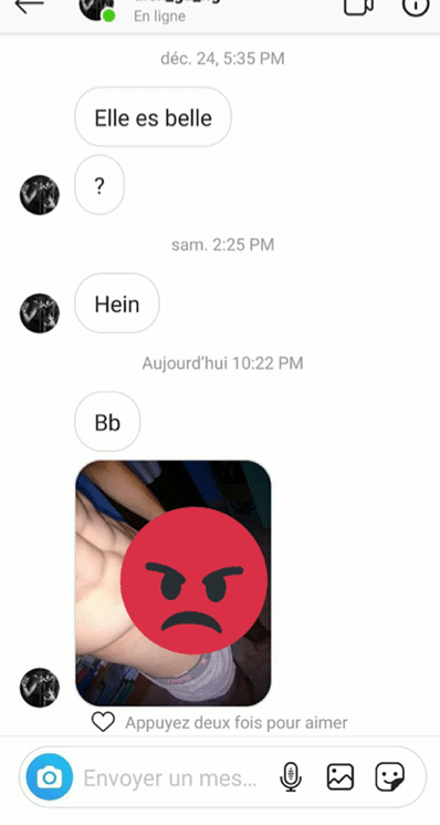 Discussion Instagram avec l'envoi d'une dick pic. Photographie censurée.