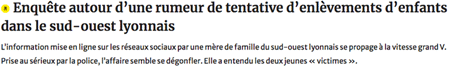 Entête d'un article parlant d'une tentative d'enlèvement qui se révèle être une e-rumeur.