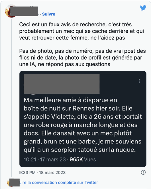 Faux avis de recherche posté sur X (anciennement Twitter).