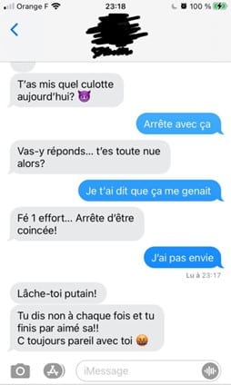 Discussion Messenger d'une personne qui force l'interlocutrice avec des réponses type sexting.