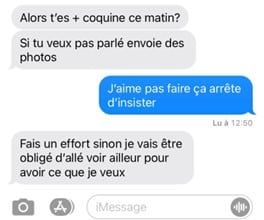 Discussion Messenger d'une personne qui force l'interlocutrice avec des réponses type sexting.