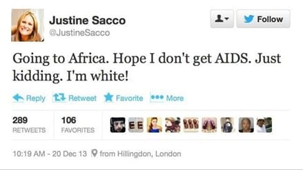 Message de Justine Sacco posté sur X (anciennement Twitter).