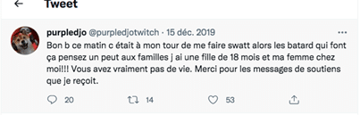 Message d'un streamer sur X (anciennement Twitter) partagant sont expérience de swatting.