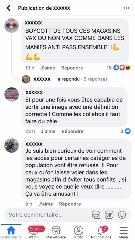 Fil de discussion sur Facebook avec du trolling.