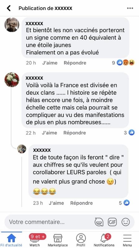 Fil de discussion sur Facebook avec du trolling.