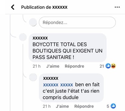 Fil de discussion sur Facebook avec du trolling.