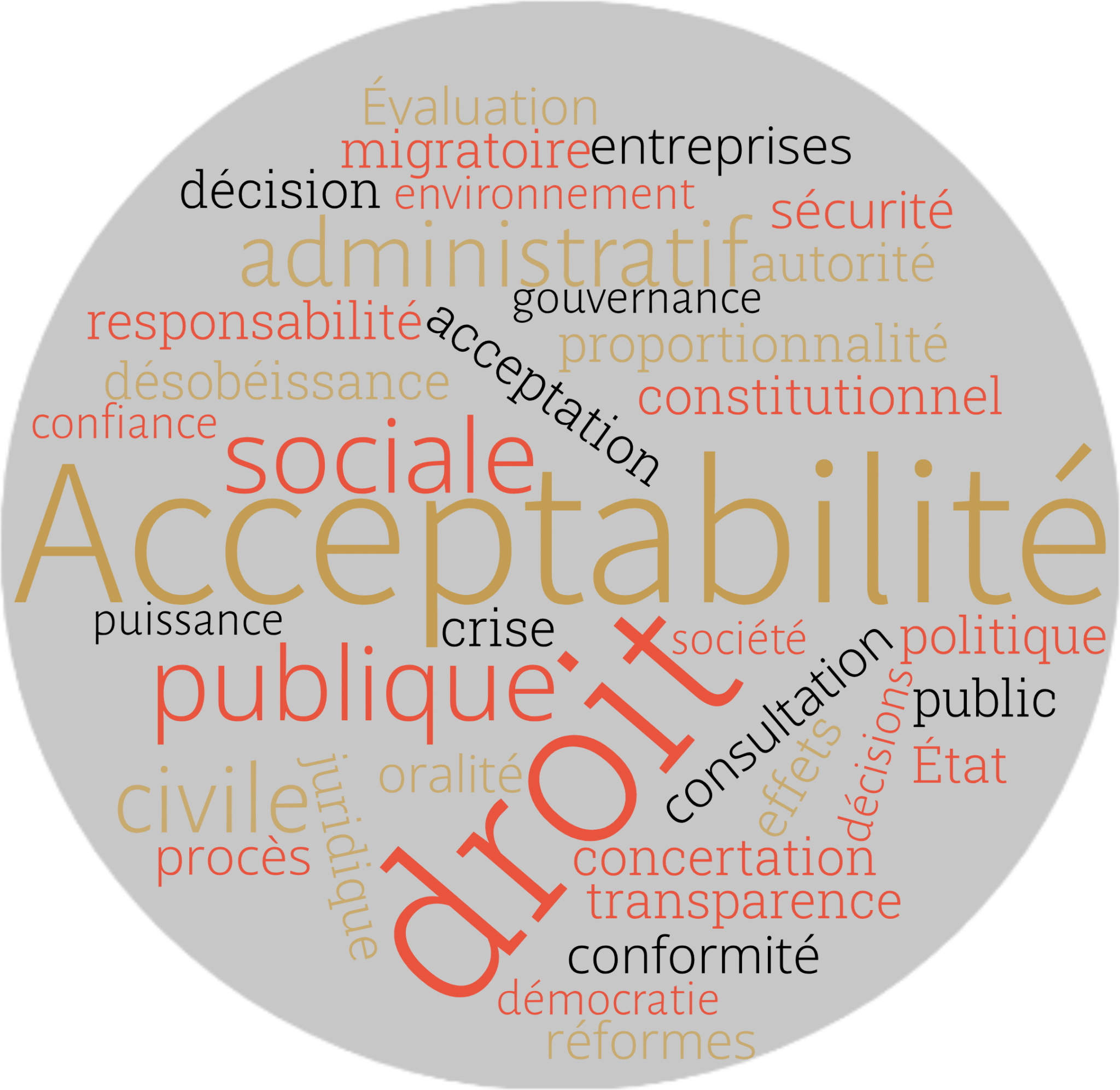 Acceptabilité, Droit public, Droit administratif, Puissance publique, Démocratie, Crise, Autorité, Consultation, Concertation, Évaluation, Oralité, Procès administratif, Politique migratoire, Environnement, Responsabilité sociale, Entreprises, Proportionnalité, Transparence, Sécurité juridique, Effets des décisions, Droit constitutionnel, Confiance, Société civile, Réformes, Gouvernance, État de droit, Décision publique, Conformité, Acceptation sociale, Désobéissance civile