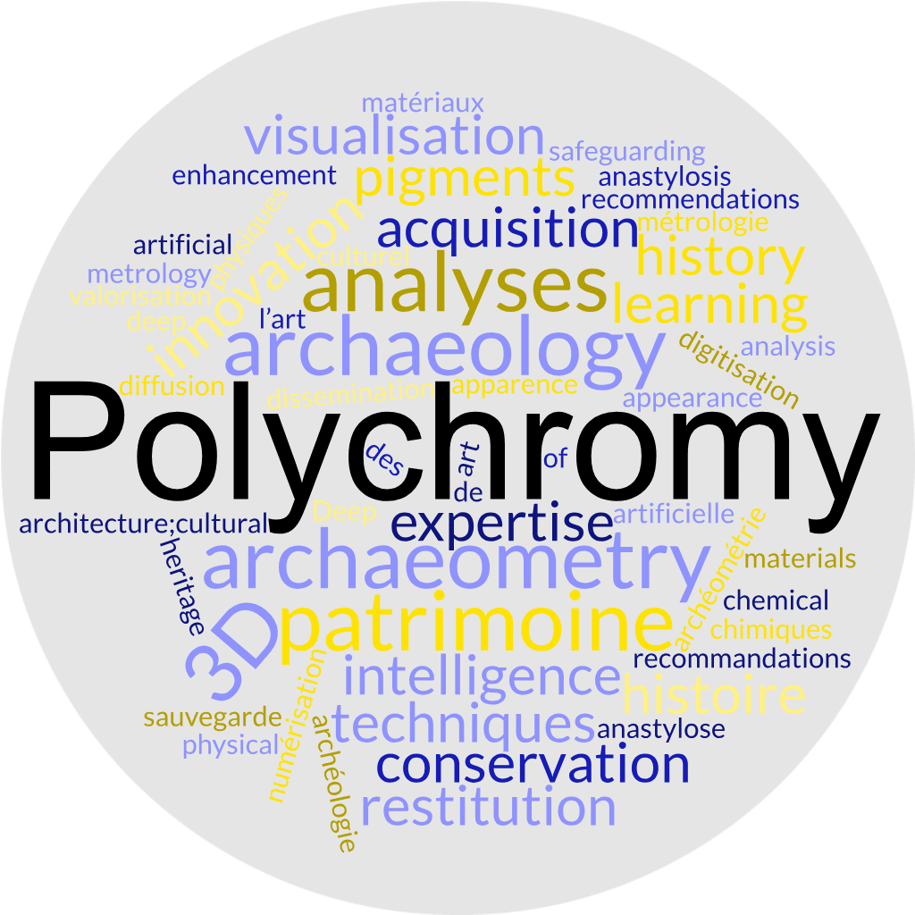 Mots clés 
3D; patrimoine culturel; archéologie; histoire de l’art; histoire; histoire des techniques; numérisation; sauvegarde; conservation; visualisation; restitution; acquisition; diffusion; valorisation; innovation; expertise; recommandations; archéométrie; pigments; analyses; physiques; chimiques; métrologie; Deep learning; intelligence artificielle; apparence; matériaux; anastylose; architecture;
