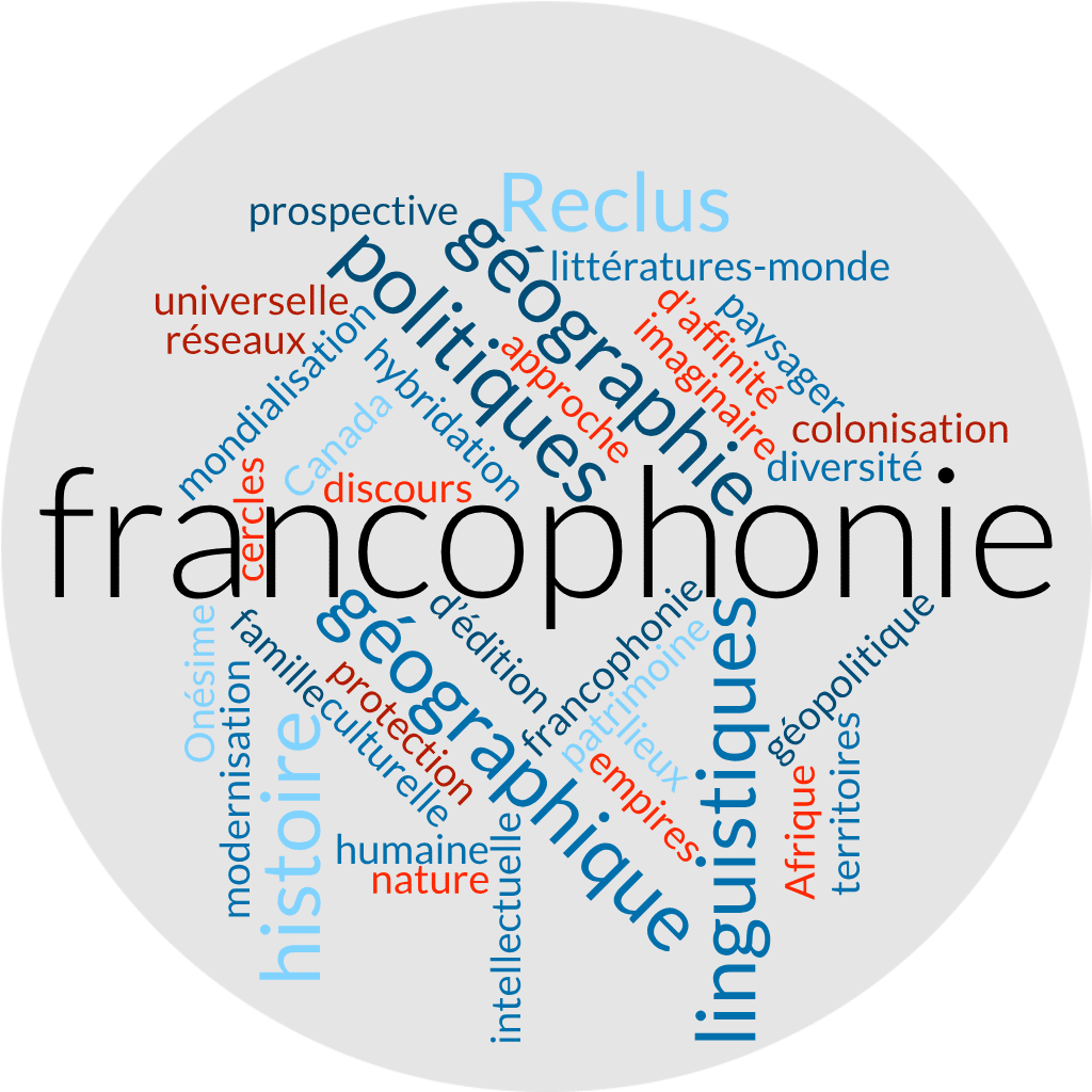 Mots clés de la publication :
histoire de la géographie, francophonie, histoire intellectuelle, géographie humaine, Onésime Reclus, famille Reclus, approche culturelle, cercles d’affinité, géopolitique, prospective, géographie universelle, imaginaire géographique, colonisation, mondialisation, modernisation, empires linguistiques, patrimoine paysager, discours géographique, politiques culturelles, politiques linguistiques, lieux d’édition, hybridation culturelle, protection de la nature, diversité culturelle, Canada, Afrique, territoires, réseaux, littératures-monde,  

history of geography, French speaking world, intellectual history, human geography, Onésime Reclus, Reclus family, cultural approach, circles of affinity, geopolitics, anticipatory planning, world geographies, geographical imaginary, colonization, globalization, modernization, language based empires, landscape heritage, geographic discourse, cultural policies, linguistic policies, publishing places, cultural hybridization, nature conservation, cultural diversity, Canada, Africa, territories, networks, world literatures,