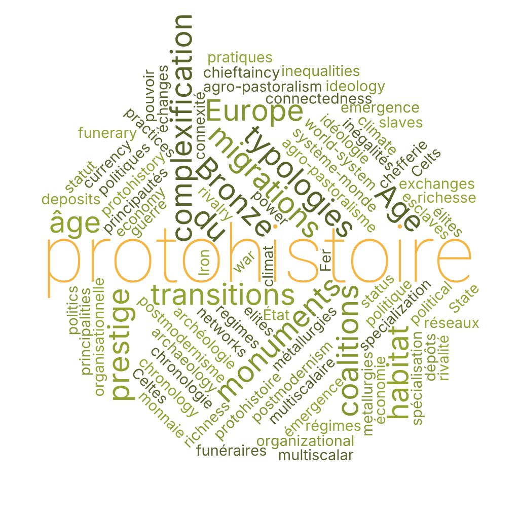 nuage de mots ouvrage Patrice Brun : Europe, protohistoire, âge du Bronze, âge du Fer, multiscalaire, archéologie, complexification organisationnelle, inégalités, pouvoir, typologies, habitat, dépôts, État, chefferie, Celtes, agro-pastoralisme, métallurgies, spécialisation, migrations, principautés, transitions, chronologie, postmodernisme, pratiques funéraires, prestige, réseaux, échanges, guerre, rivalité, climat, monuments, élites, esclaves, économie, politique, idéologie, connexité, émergence, coalitions, régimes politiques, système-monde, richesse, statut, monnaie,