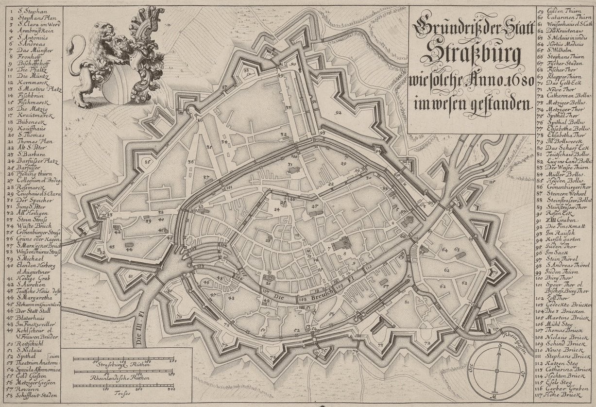 Le jardin botanique de l’Académie, Krutenau (1619-1882). Plan de Strasbourg en 1680, Jean-Adam Seupel (1662-1717), Grundriss der Statt Strassburg wie solche anno 1680 im wesen gestanden, 1698.