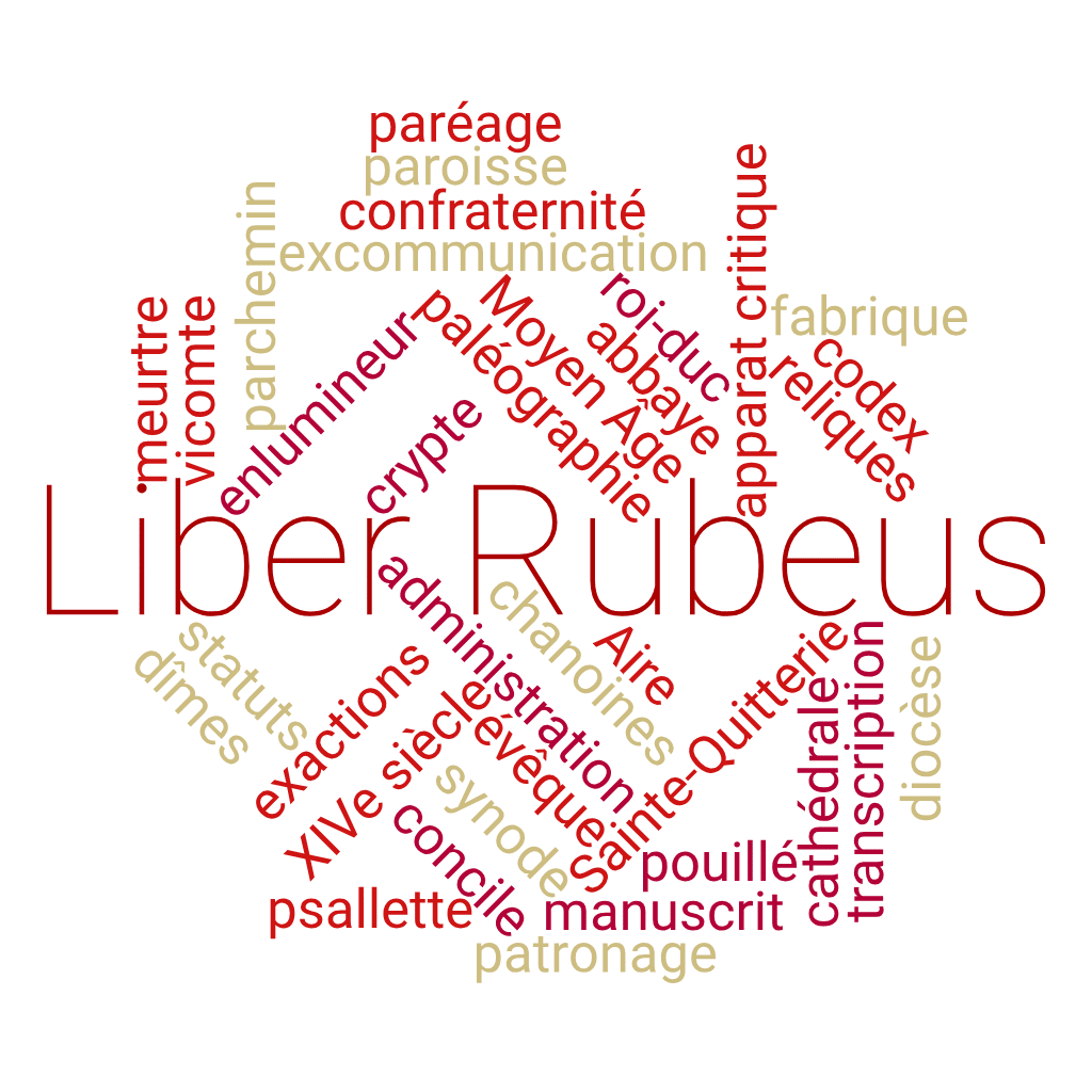 Mots clés de l'ouvrage Liber Rubeus d'Aire : Moyen Âge; paléographie; transcription; apparat critique; codex; manuscrit; parchemin; administration; enlumineur; diocèse; paroisse; abbaye; fabrique; psallette; synode; concile; statuts; Aire; Sainte-Quitterie; XIVe siècle; confraternité; évêque; chanoines; vicomte; roi-duc; paréage; meurtre; exactions; excommunication; cathédrale; crypte; reliques; pouillé; dîmes; patronage;
