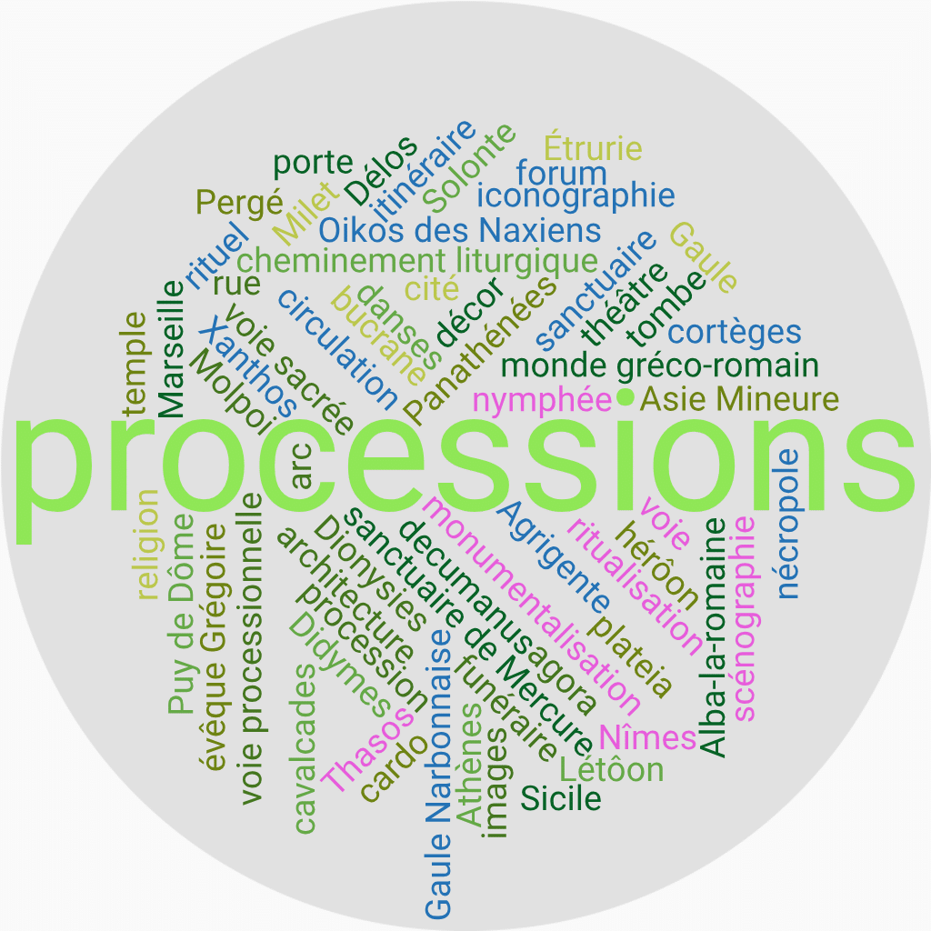 mots clés de la publication procession; voie processionnelle; cheminement liturgique; circulation; monde gréco-romain; cité; religion; sanctuaire; rituel; Milet; Didymes; Asie Mineure; Molpoi; Étrurie; cavalcades; cortèges; danses; images; funéraire; Gaule; Gaule Narbonnaise; temple; sanctuaire de Mercure; Puy de Dôme; architecture; monumentalisation; ritualisation; scénographie; Marseille; Nîmes; Alba-la-romaine; forum; agora; théâtre; voie; plateia; cardo; decumanus; décor; bucrane; Solonte; Sicile; voie sacrée; itinéraire; Délos; Oikos des Naxiens; Panathénées; Thasos; Athènes; Dionysies; Pergé; nymphée; rue; porte; Xanthos; Létôon; arc; hérôon; tombe; nécropole; Agrigente; évêque Grégoire; iconographie; 
