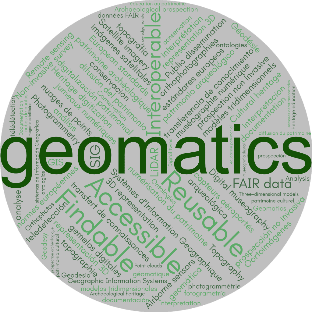 geomática, patrimonio cultural, patrimonio arqueológico, topografía, Geodesia, teledetección, fotogrametría, sistemas de Información Geográfica (SIG), modelos tridimensionales, nubes de puntos, Oortoimágenes, prospección arqueológica, prospección no invasiva, imágenes satelitales, sensores aerotransportados, LiDAR, digitalización patrimonial, gemelos digitales, representación 3D, documentación, análisis, interpretación, conservación, difusión del patrimonio, transferencia de conocimiento, educación patrimonial, museografía digital, estándares europeos, ontologías, FAIR data (Findable, Accessible, Interoperable, Reusable), Geomatics, Cultural heritage, Archaeological heritage, Topography, Geodesy, Remote sensing, Photogrammetry, Geographic Information Systems (GIS), Three-dimensional models, Point clouds, Orthophotos, Archaeological prospection, Non-invasive survey, Satellite imagery, Airborne sensors, LiDAR, Heritage digitization, Digital twins, 3D representation, Documentation, Analysis, Interpretation, Conservation, Public dissemination, Knowledge transfer, Heritage education, Digital museography, European standards, Ontologies, FAIR data (Findable, Accessible, Interoperable, Reusable), géomatique, patrimoine culturel, patrimoine archéologique, topographie, Géodésie, télédétection, photogrammétrie, Systèmes d’Information Géographique (SIG), modèles tridimensionnels, nuages de points, orthophotographies, prospection archéologique, prospection non invasive, imagerie satellitaire, capteurs aéroportés, LiDAR, numérisation du patrimoine, jumeaux numériques, représentation 3D, documentation, analyse, interprétation, conservation, diffusion du patrimoine, transfert de connaissances, éducation au patrimoine, muséographie numérique, normes européennes, ontologies, données FAIR (Findable, Accessible, Interoperable, Reusable)