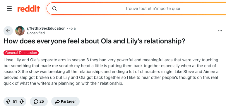 Discussion Reddit sur la relation entre Lilly et Ola dans Sex Education