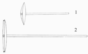 Fig. 5. Pic de carrier “à double pointe pyramidale” (1) et escoude (2) : dessin Bessac 2002, 191 (escoude) et 193 (pic).