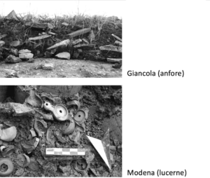 Fig. 5. Scarti di produzione delle fornaci per anfore di Giancola (http://www.brindisiweb.it/storia/fornaci_anfore.asp) e per Firmalampen presso Modena (http://www.archeobologna.beniculturali.it/modena/viale_reiter_fornace/fornace_08.htm).