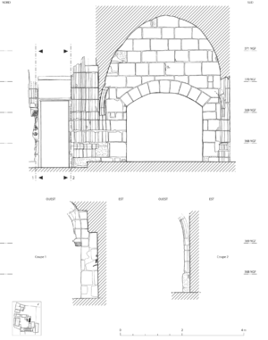 <figcaption style="line-height: 1em;"><i class="fas fa-tint"></i><span style="font-size: 11px;"> <b>Fig. 107. </b>Chapelle Saint-Aubin, intérieur, relevé du côté est de la travée sud.<br>© X. d’Aire, S. Balcon-Berry, C. Schubert.</span></figcaption> Chapelle Saint-Aubin, intérieur, relevé du côté est de la travée sud. © X. d’Aire, S. Balcon-Berry, C. Schubert.