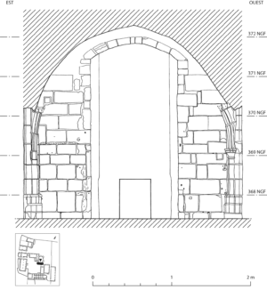 <figcaption style="line-height: 1em;"><i class="fas fa-tint"></i><span style="font-size: 11px;"> <b>Fig. 108. </b>Chapelle Saint-Aubin, intérieur, relevé du côté sud de la travée sud.<br>© C. Schubert, X. d’Aire, S. Balcon-Berry.</span></figcaption> Chapelle Saint-Aubin, intérieur, relevé du côté sud de la travée sud. © C. Schubert, X. d’Aire, S. Balcon-Berry.